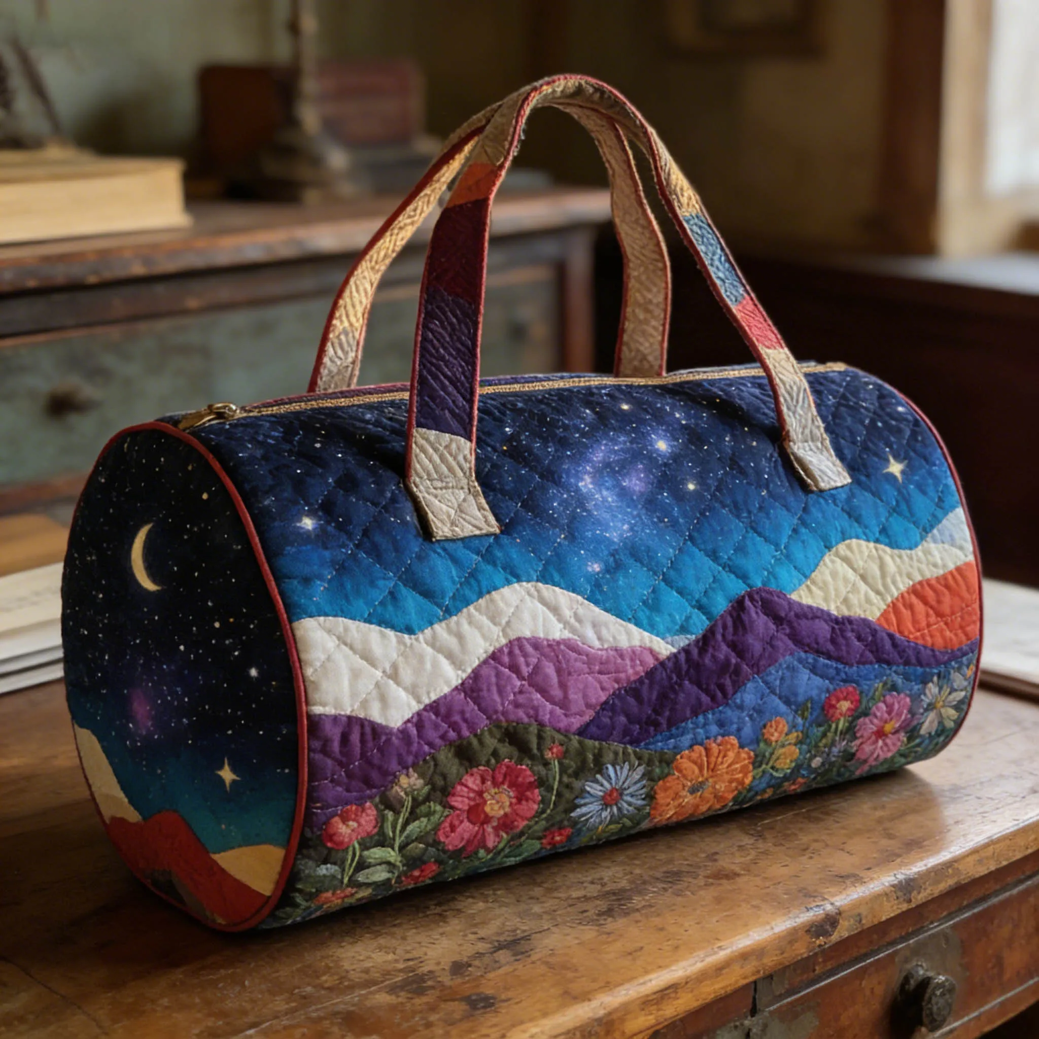 

Starry Night Mountain Landscape Floral Print Quilted Duffel Bag Boho Aesthetic Large Travel Weekender Bag for Women Men