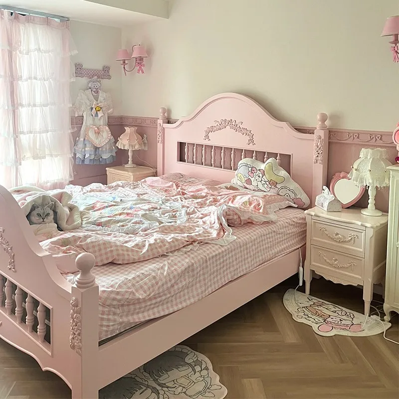 

French princess bed pink bedroom 1.8 meters solid wood bed 1.5 children Internet celebrity palace engraving