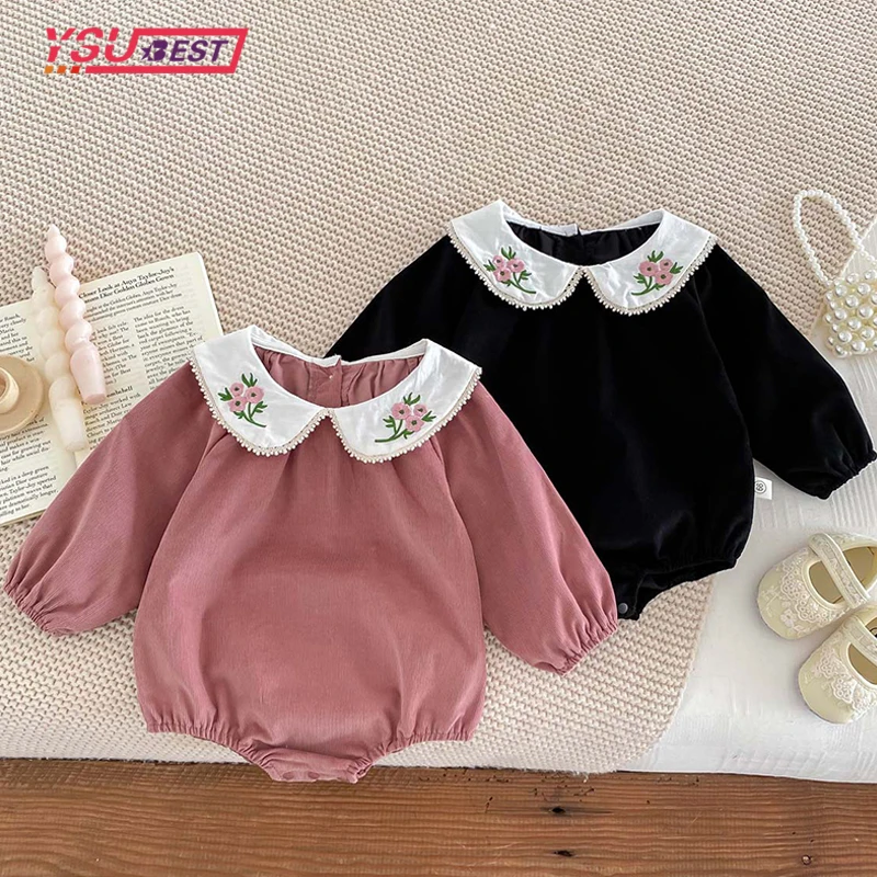 

Infant Girls Bodysuits Jumpsuits Corduroy Floral Printing Turn-down Collar Romper Embroider Cute Princess New Baby Girls Clothes