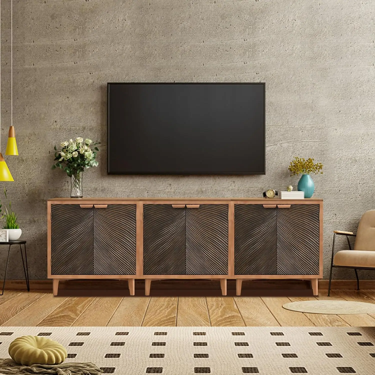 Sideboard-Buffetschrank mit strukturierten Türen, moderner Aufbewahrungsschrank mit diagonalem Wellenmuster, rustikaler brauner Credenza für den Flur