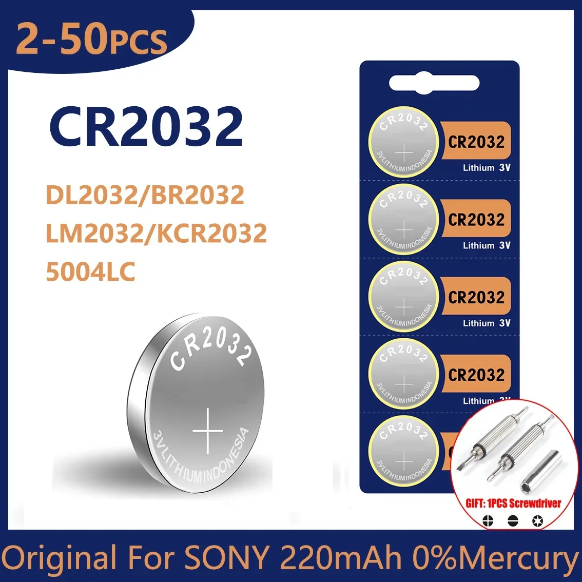 Original For Sony 2-50PCS CR2032 Lithium Coin Battery 220mAh Ultra High Capacity with Powerful 3V Output for tv remote car fob