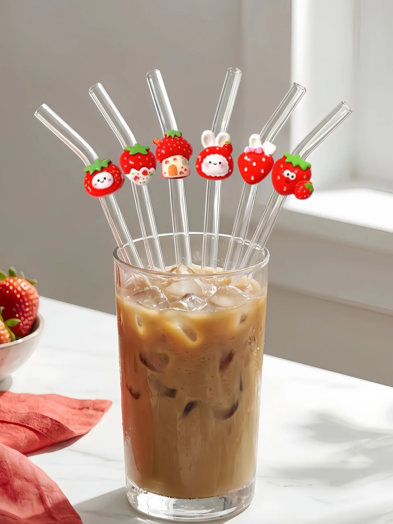 Strawberry Glass Straw,Reusable Curved for Smoothies, Cocktails, Pool Parties, Beach. Summer Essential. Great Gift for Kitchen