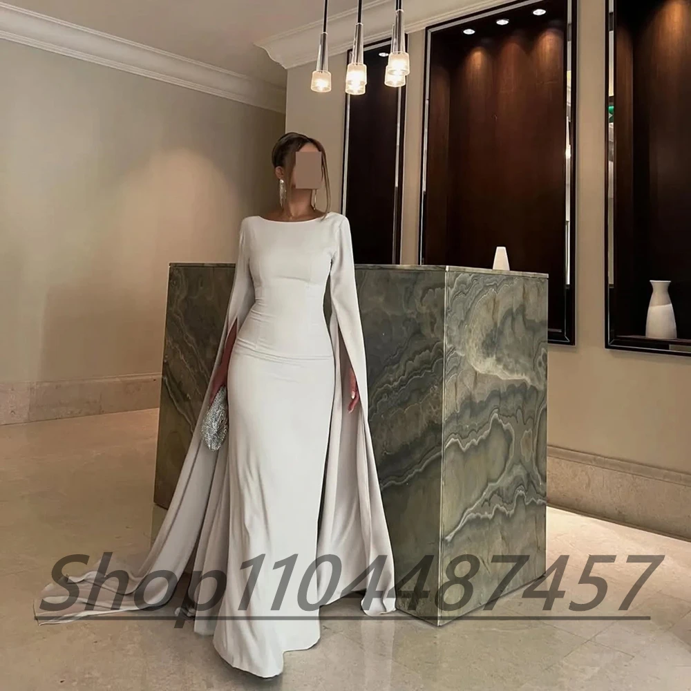 Customized Simple white Jersey O-neck Evening Dress Half Sleeves Straight Party Gown With Train Straight Floor Length Prom Dress