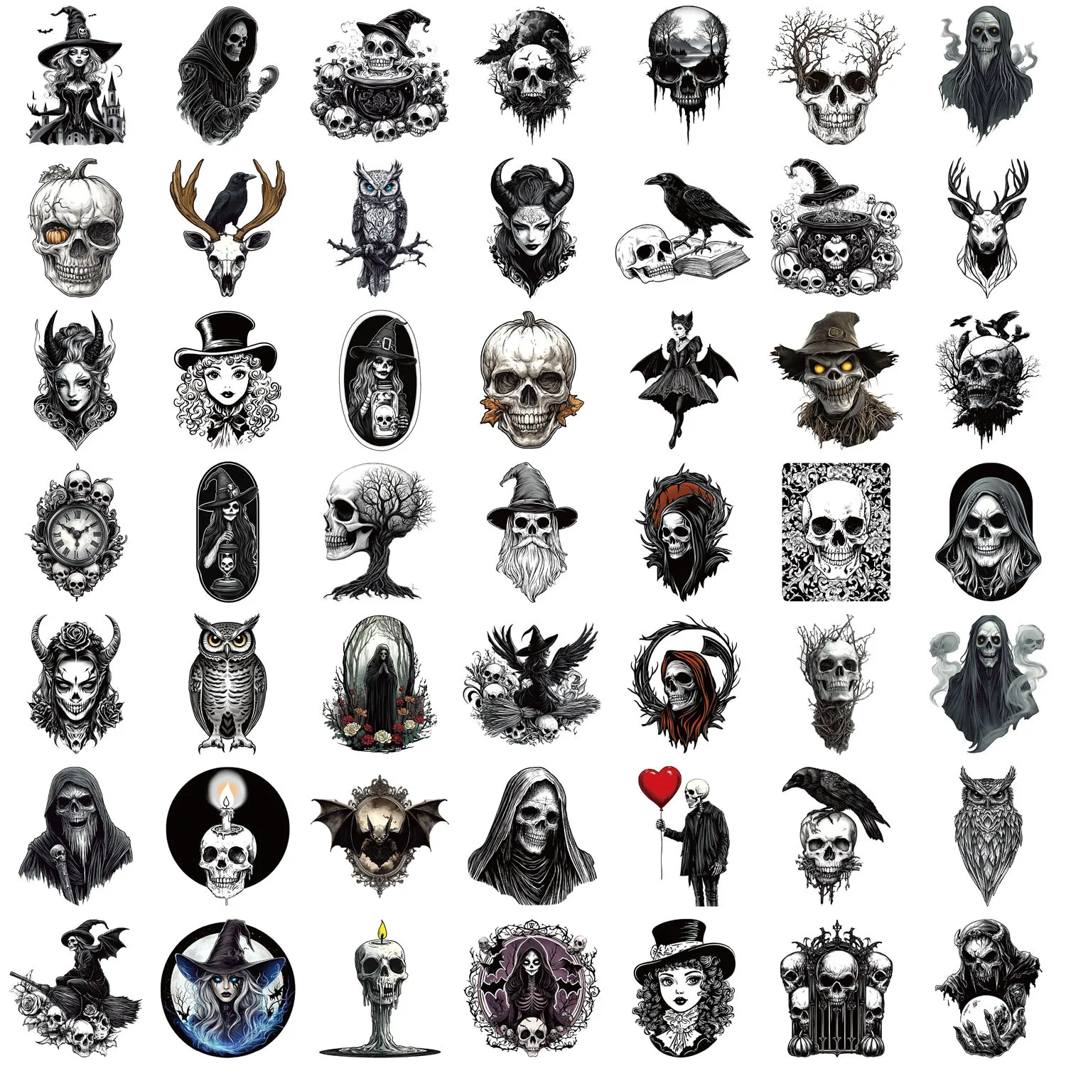 50Pcs Black And White Horror Skull Stickers Gothic DIY Stickers Scrapbooking Phone Luggage Skateboard Waterproof Graffiti Decals