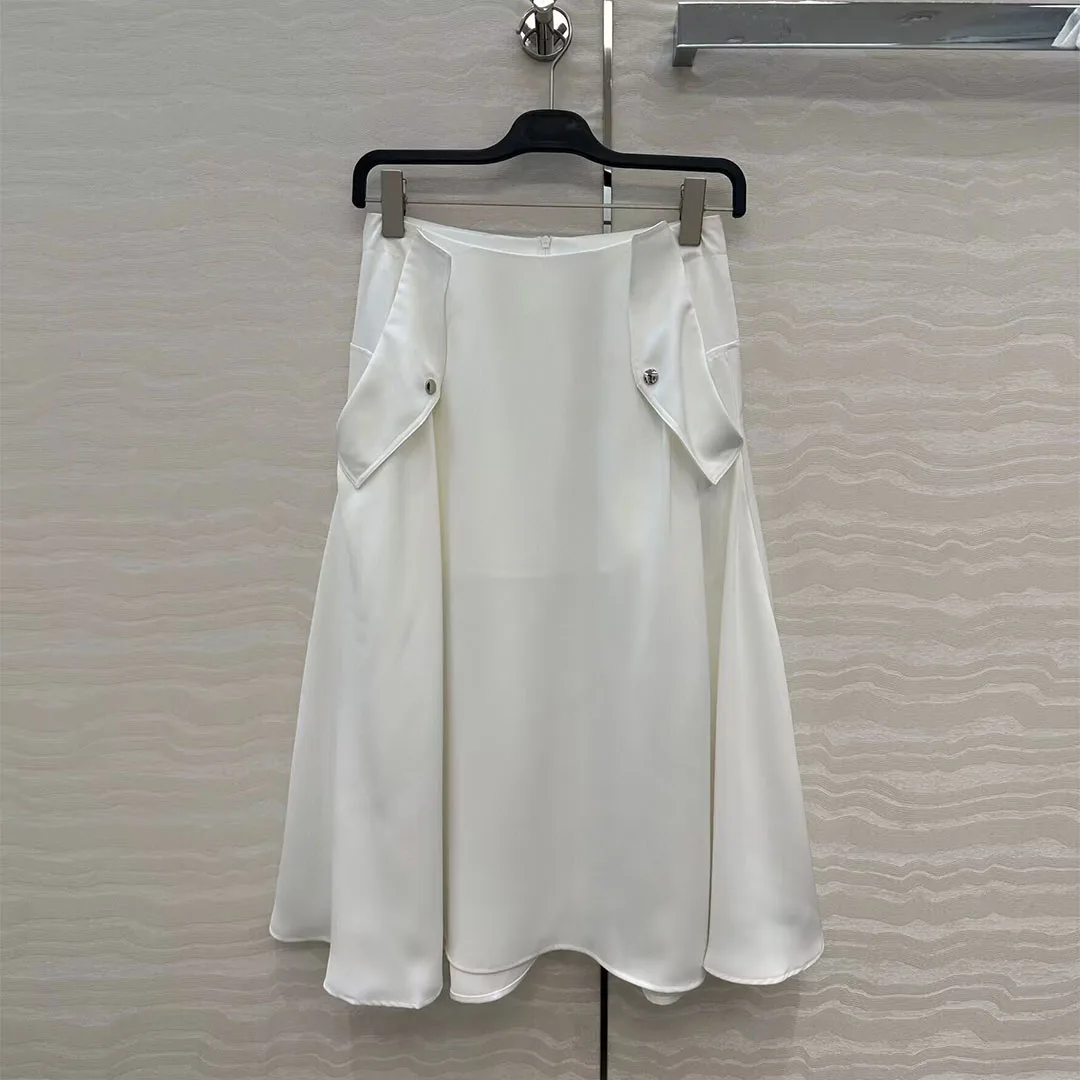 

French Elegant Lady White Long Skirts Womens 2025 New Autumn High Waist Big Pockets A-line Loose All-matched Skirt