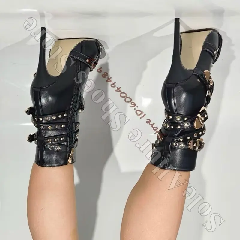 Women Pointed Toe Stiletto Ankle Booties Black Faux Leather Multi Wrap Straps Gold Studs Metal Buckle Decor Side Zipper Boots