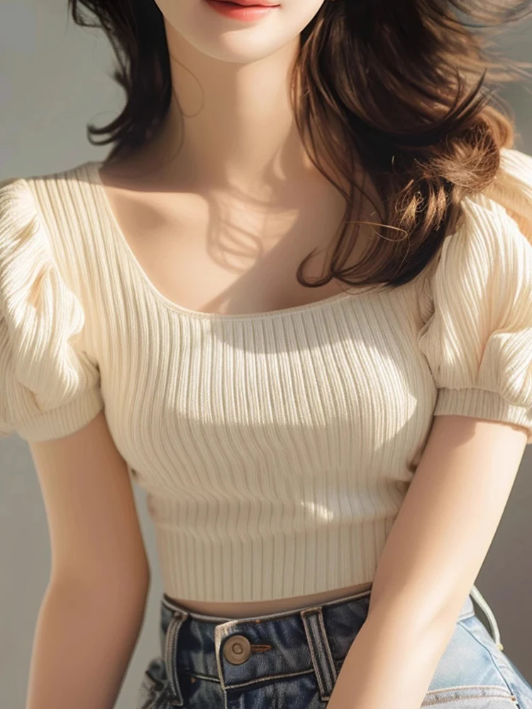 Chic ort Ice Silk Knitted Bubble Sve T-shirt coreana Sle Commute Faion Slim Fit Summer Wear Unico ed Ele