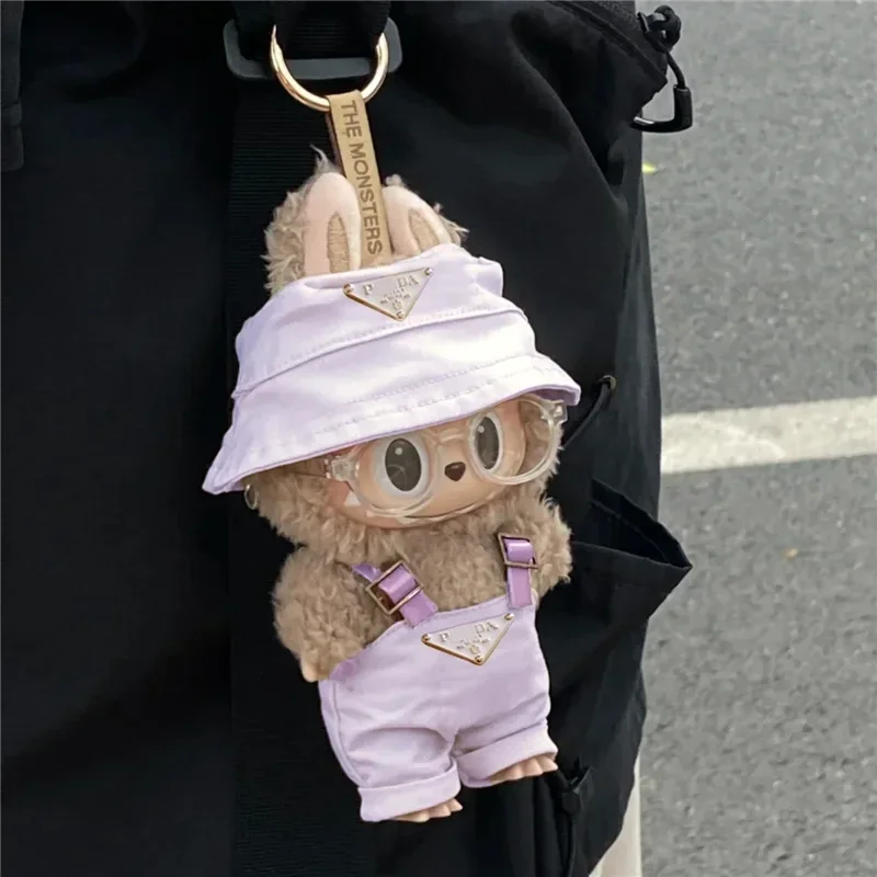 15 17cm For Labubu Mini Doll Clothing Fisherman Hat Overalls Retro Glasses Set Clothes Sitting Party I II Dollhouse Accessories