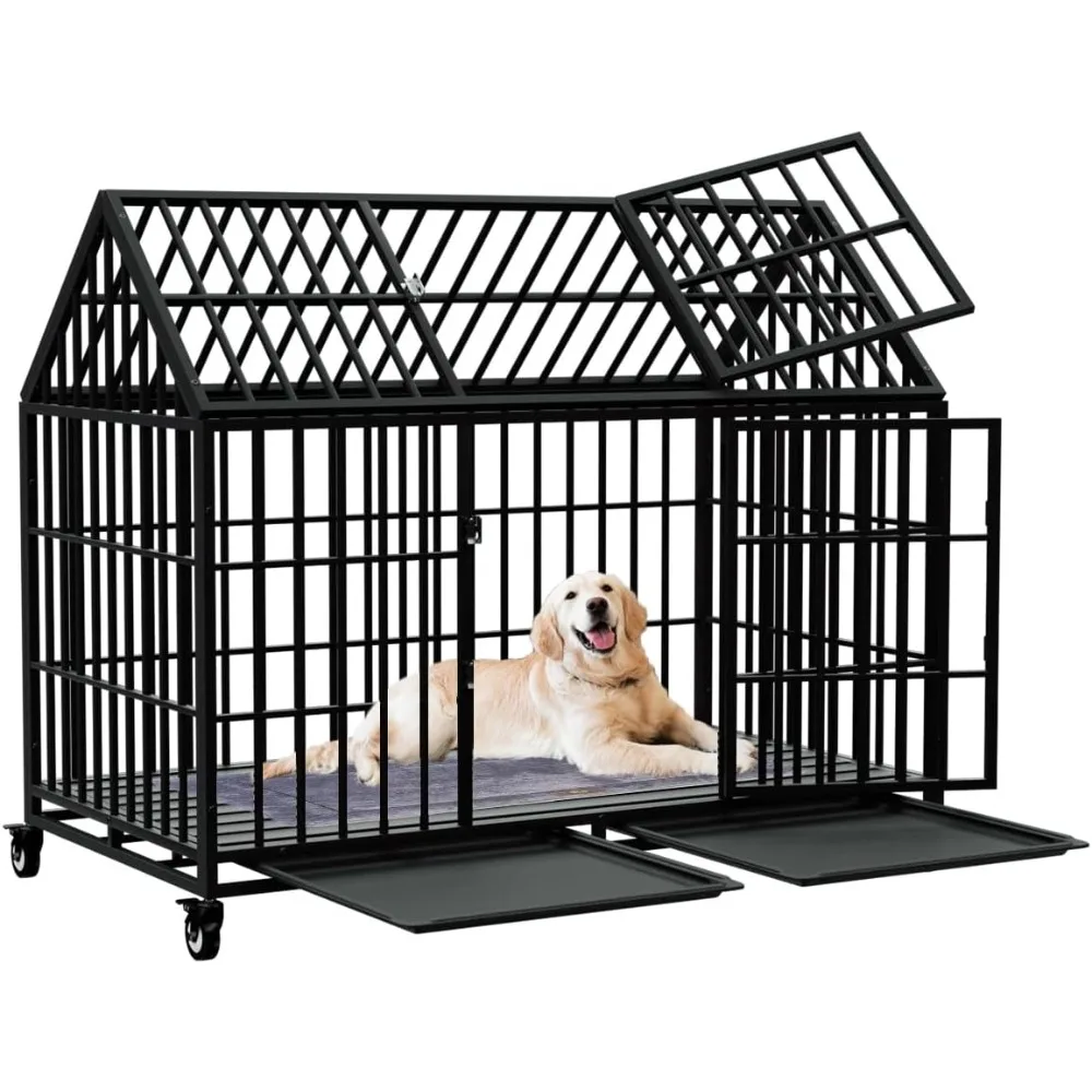 

54 Inch Heavy Duty Dog Crate Large Dog cage Strong Metal Dog Kennels and Crates for Large Dogs Top Open with Wheels 2 Removable