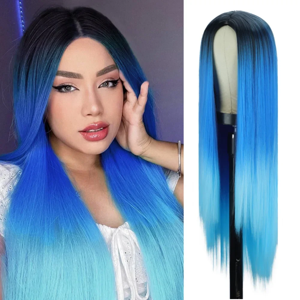 

Europe, America, blue gradual change color long straight hair middle part wig headgear synthetic wig full headgear