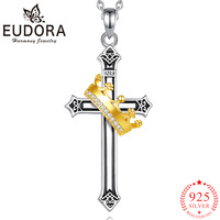 Eudora 925 Sterling Silver Cross Necklace Exquisite Zircon Cross Crown Pendant Religious Jewelry Amulet Gift for Men Women