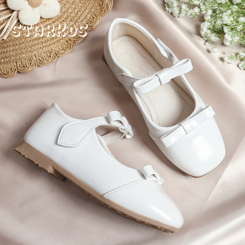 Zapatos Mary Jane de charol con lazo para niños, Zapatos planos de Ballet, color blanco sólido y negro, con lazo de gancho