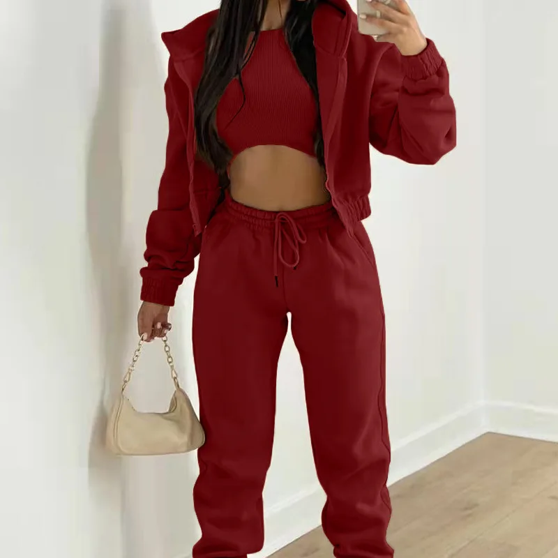 2024 Women 3 Piece Set Outfits Autumn Women\'s Tracksuit Zipper Top Pants Casual +Vest Sport Suit Winter 3 Piece Woman Set