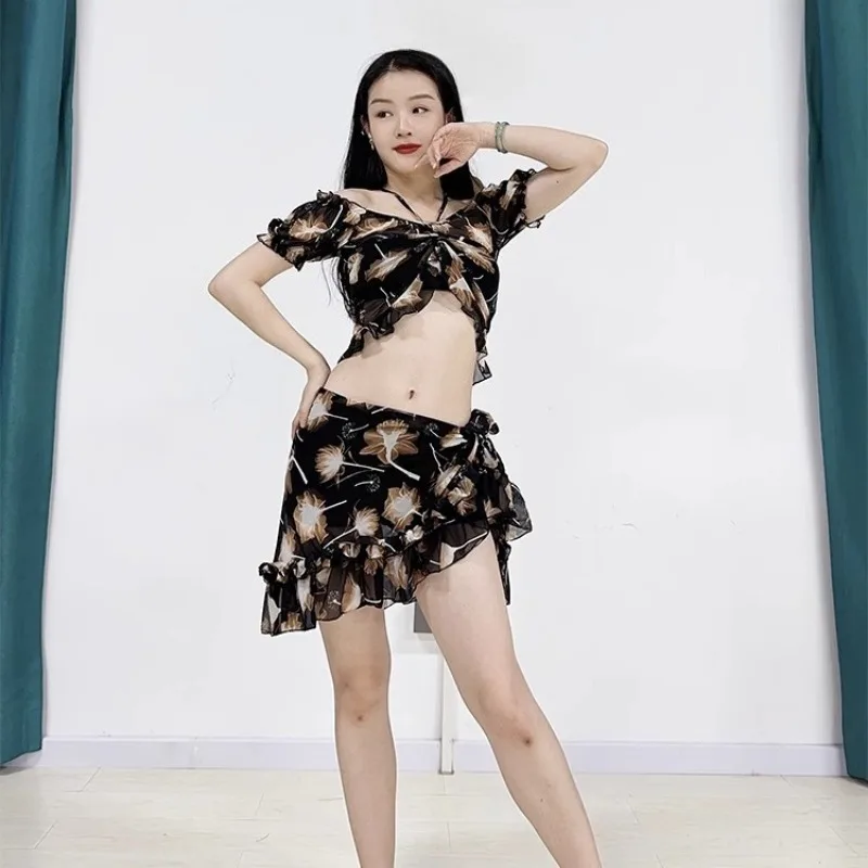 ที่กําหนดเอง Belly Dance ชุดพิมพ์ตาข่าย Drawstring Bubble Sleeve Top Tie ลูกไม้สะโพกผ้าพันคอกระโปรงน่ารักชุดเครื่องแต่งกาย Bellydance