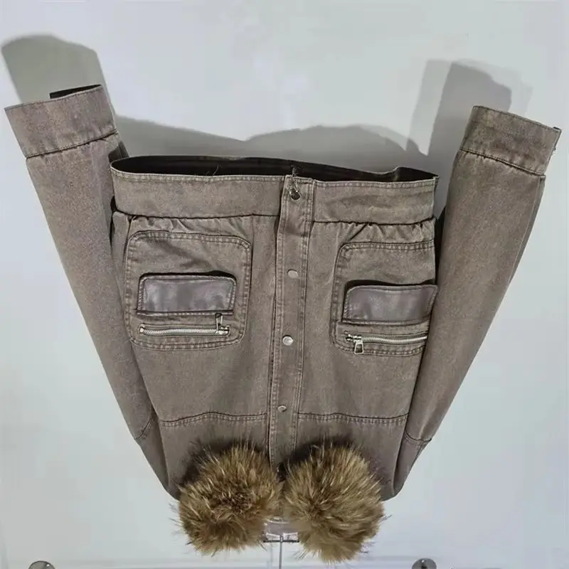 Women's 2026 Winter New Short Model PU Leather Pie Overcome Commuting Removable Imitation Raccoon Fur Collar Denim Velvet Jacket