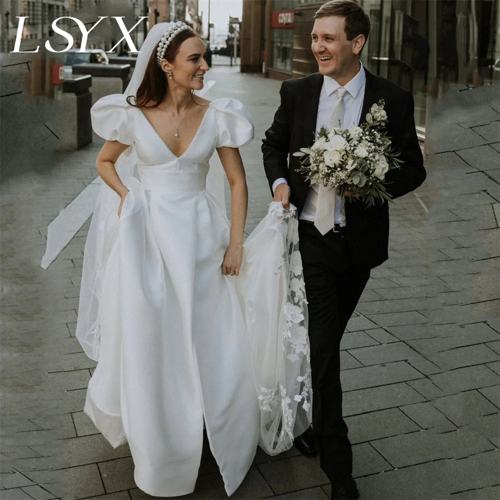 

LSYX Princess Deep V-Neck Satin A-line Puff Sleeves Wedding Dress Open Back High Slit Court Train Bridal Gown Custom Made