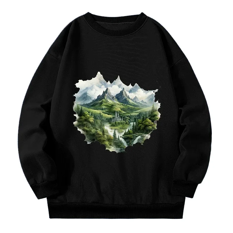 Black 150kg Plus Size Female Sweatshirts Witch's Castle Forest Graphic Sweatshirts 2024 Spring Autumn All-match Y2k Clothing