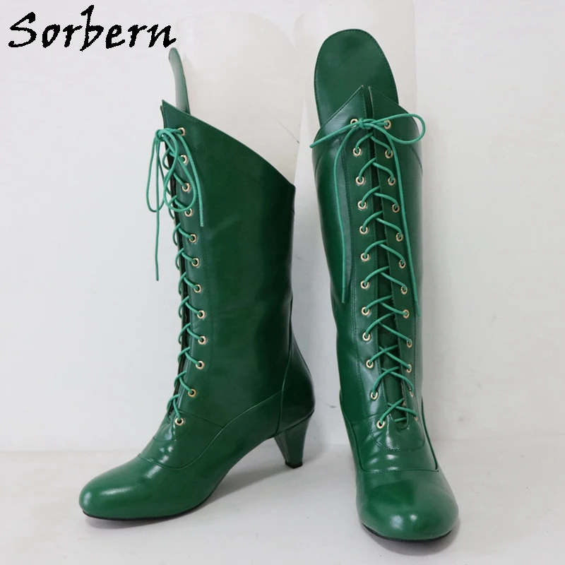 Sorbern Green Matte Ankle Boots Unisex Kinky Booties Short Male Female Shoes Lace Up 6Cm Kitten Heel Custom Colors