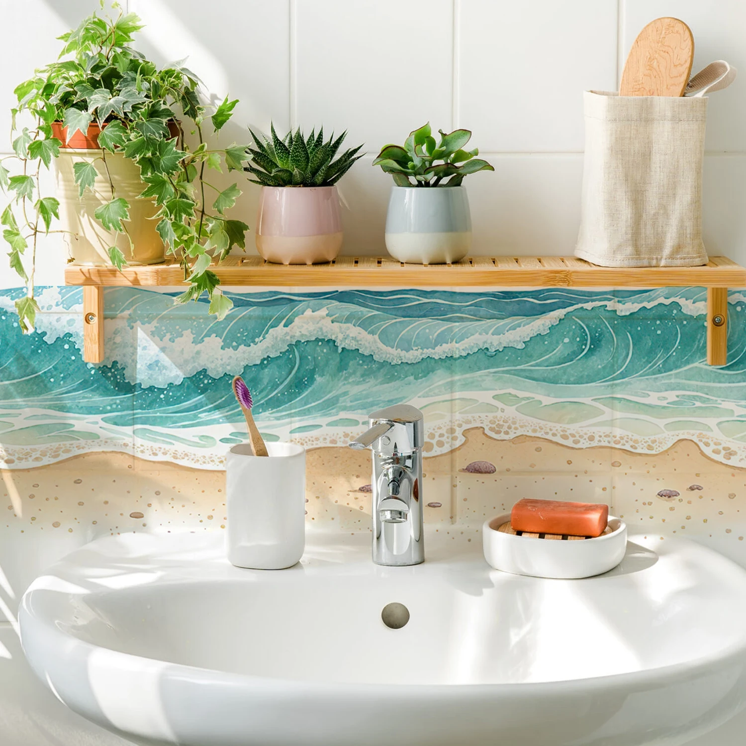 

Wave Beach Scenery Wall Stickers for Kitchen Bathroom Living Room Desk Wall Skirting Vinyl Home Decor Waterproof Self-Adhesive