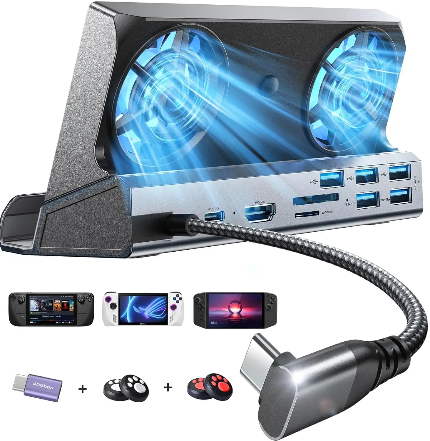 Station d'accueil pour Steam Deck OLED et ROG Ally X et Legion Go, ventilateur de refroidissement pour touristes, 5 ports USB et 4K @ 60Hz, port de charge 100W, 13 en 1