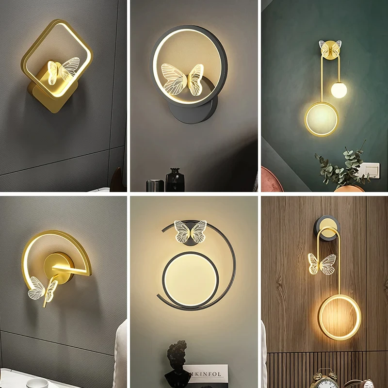 NEW Creative Golden Background Indoor Butterfly LED Wall Lamp for Living Dining Room Bedside Home Decor Corridor PS26SD
