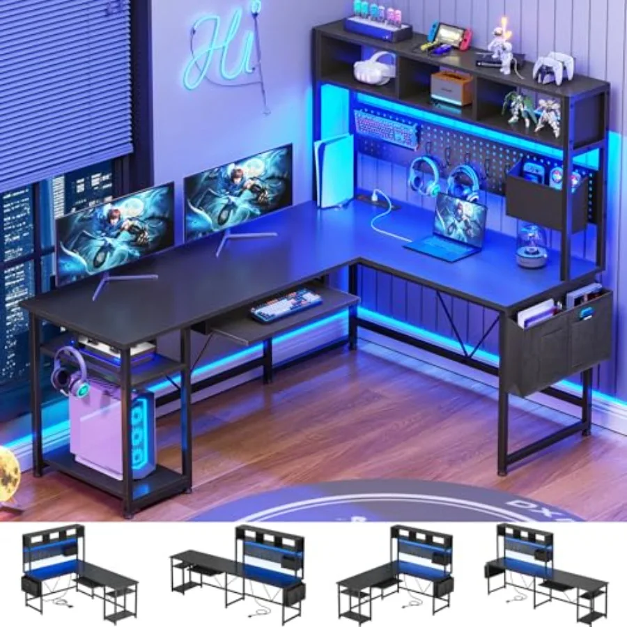 L Shaped Gaming Desk with Hutch for Home Office, Engineered Wood in Black, Reversible Corner Design with LED Lights, Power Outl