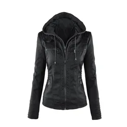 Faux Leather Jacket for Women, Female Winter Coat, Motorcycle Jacket, Faux Suede, PU Zipper Hoodies, Outerwear