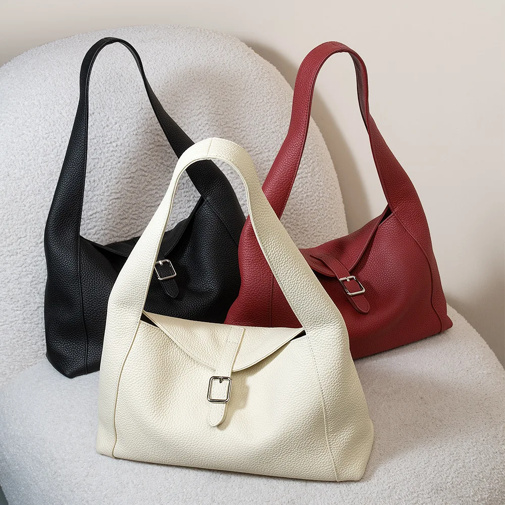 Large-capacity tote bag for women, top-grain cowhide underarm bag, shoulder bag, lychee pattern genuine leather women's bag