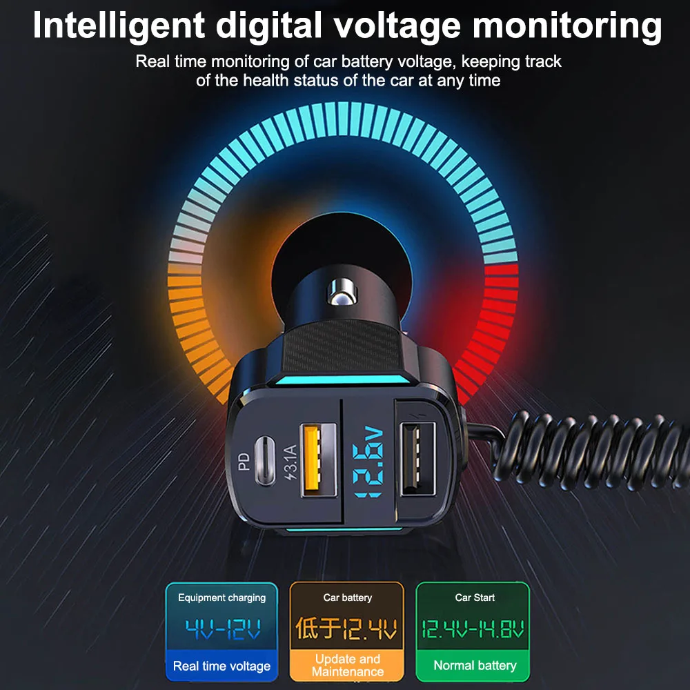 Display digitale Accendisigari per auto retrattile 3 in 1 Caricatore per auto USB Adattatore per caricabatterie USB Ricarica rapida USB per auto QC3.0 Tipo C