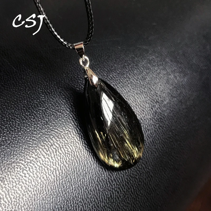 

CSJ Natural Black Rutilated Quartz Sterling 925 Silver Water Drop Energy Gemstone Fine Jewelry Necklace for Women Party Gift