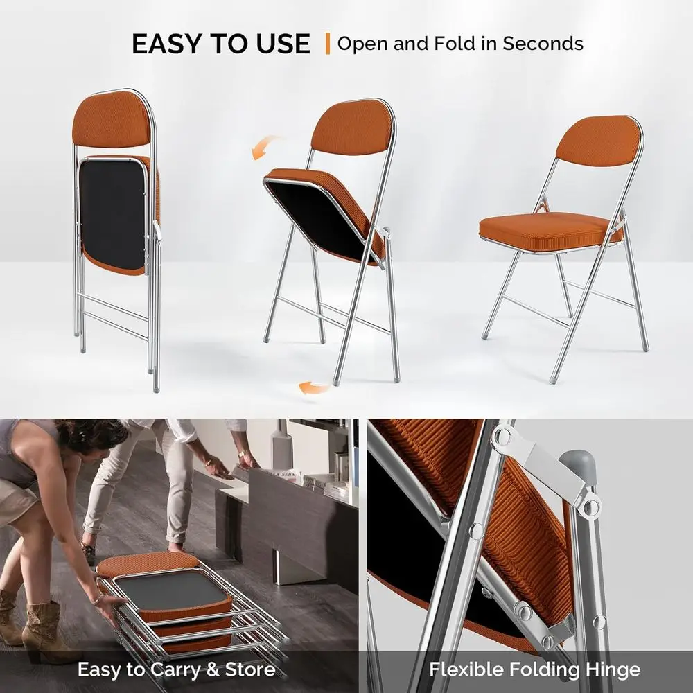 6 sztuk składanych krzeseł z wyściełanym siedziskiem i oparciem, metalowa rama, wytrzymała tkanina sztruksowa, udźwig 158 kg, zestaw 6 sztuk, pomarańczowy – Id