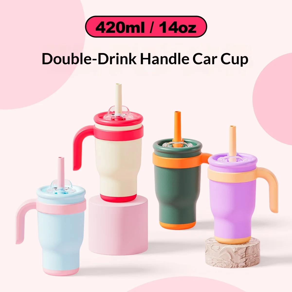 1pcs 14oz Straw Car Cups Contrasting Color Children's Student Thermos Cup Stainless Steel Water Cup Handle CarCup