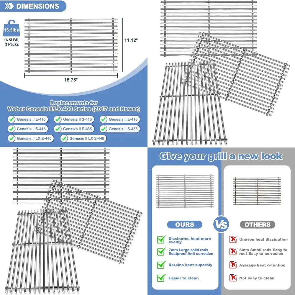 

Weber Genesis II E-410/E-435/S-435/SE-410 Grill Grates, 18.75x11.12 Cooking Grid, Replacement for Genesis GS4 and KitchenAid 720