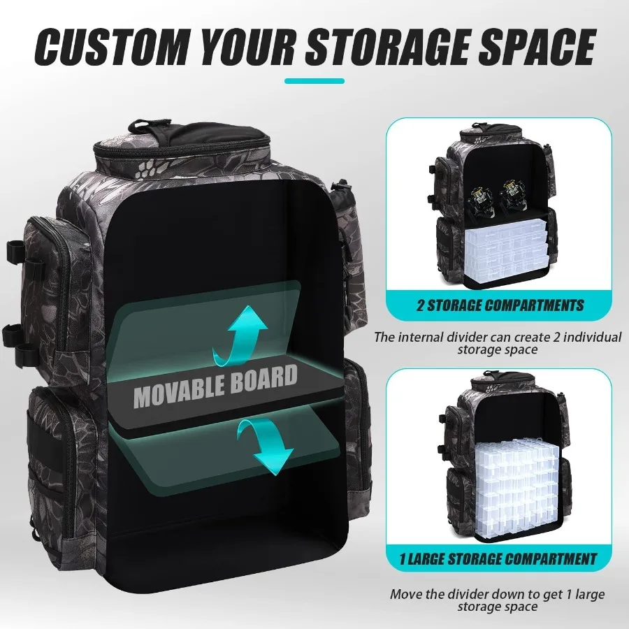 กระเป๋าเป้ตกปลาแบบยุทธวิธี ทนทาน พร้อมกล่องใส่อุปกรณ์ ที่วางคันเบ็ด ที่ใส่ขวดน้ำ ความจุ 50 ลิตร กระเป๋าใส่อุปกรณ์ตกปลาขนาดใหญ่ จัดเก็บอุปกรณ์และเครื่องมือ