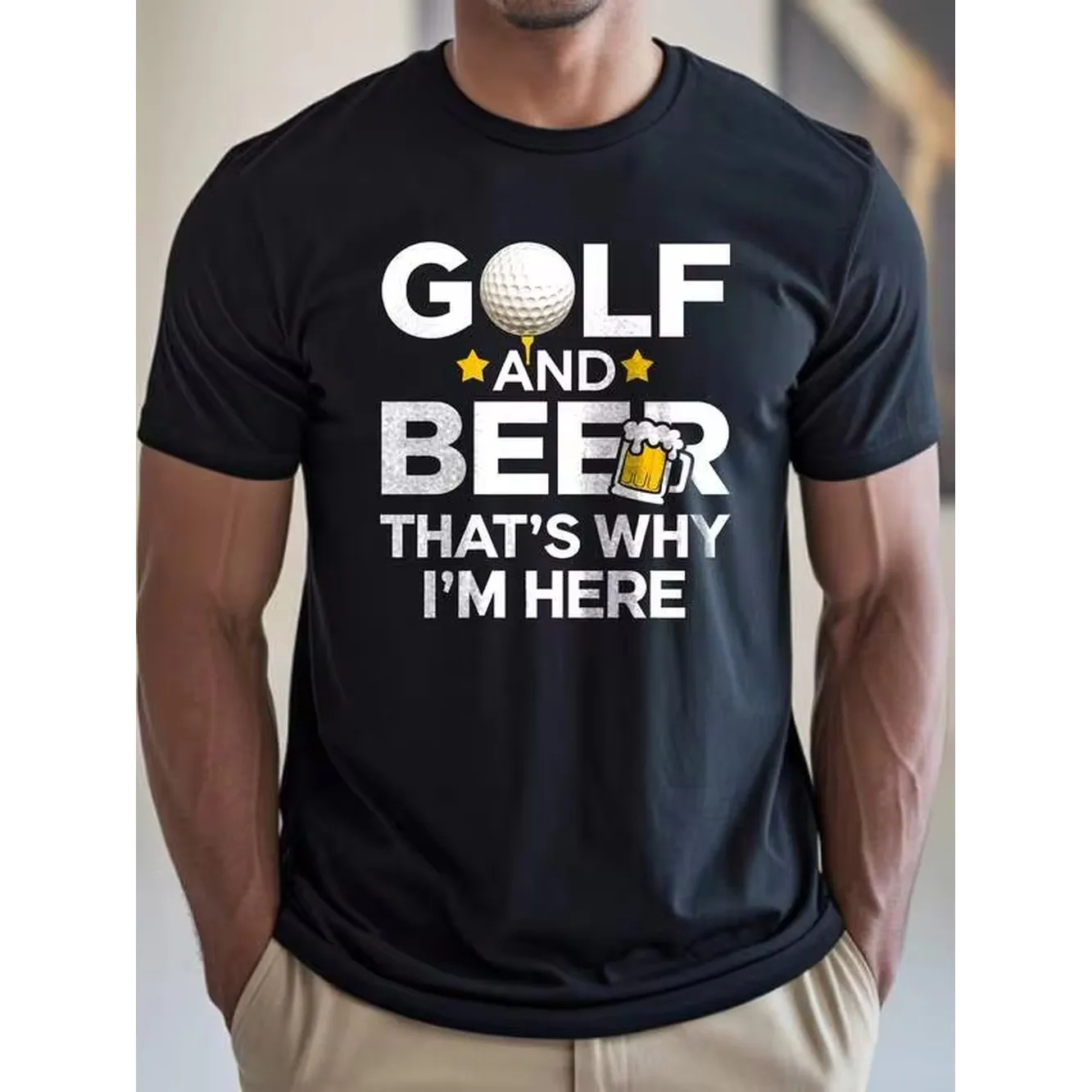 Camiseta negra con estampado de golf y cerveza para hombre, cuello redondo, informal, de algodón, tejido de punto con elasticidad media, corte regular, para chicos y hombres, camisetas gráficas para adultos.