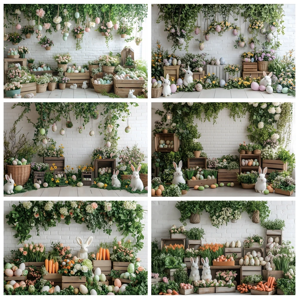 

Spring Easter Decoration 2025 Backdrop Photography Flower Rabbit Egg Rabbit Carrot Grass Interior Baby Birthday Photo Background