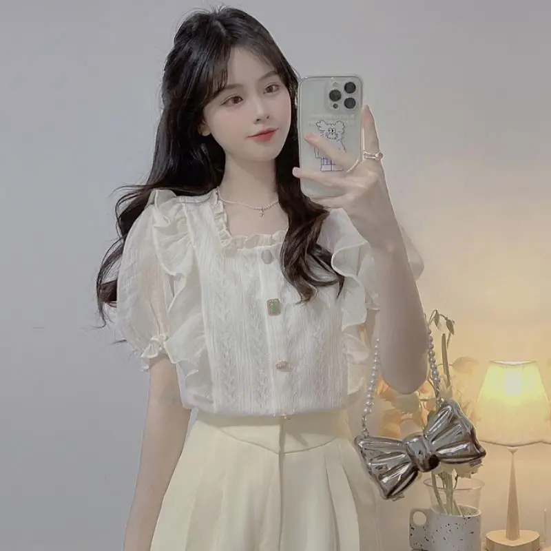 

Square Neck Chiffon Shirt Women with Summer Puff Short Sleeves Ruffle Short Style