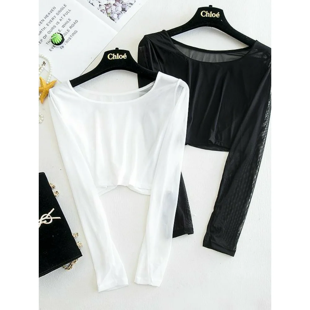 

Женская футболка с длинным рукавом из ледяного шелка, укороченный топ на бретельках, нижняя рубашка, прозрачная сетчатая защита от солнца, летняя мода