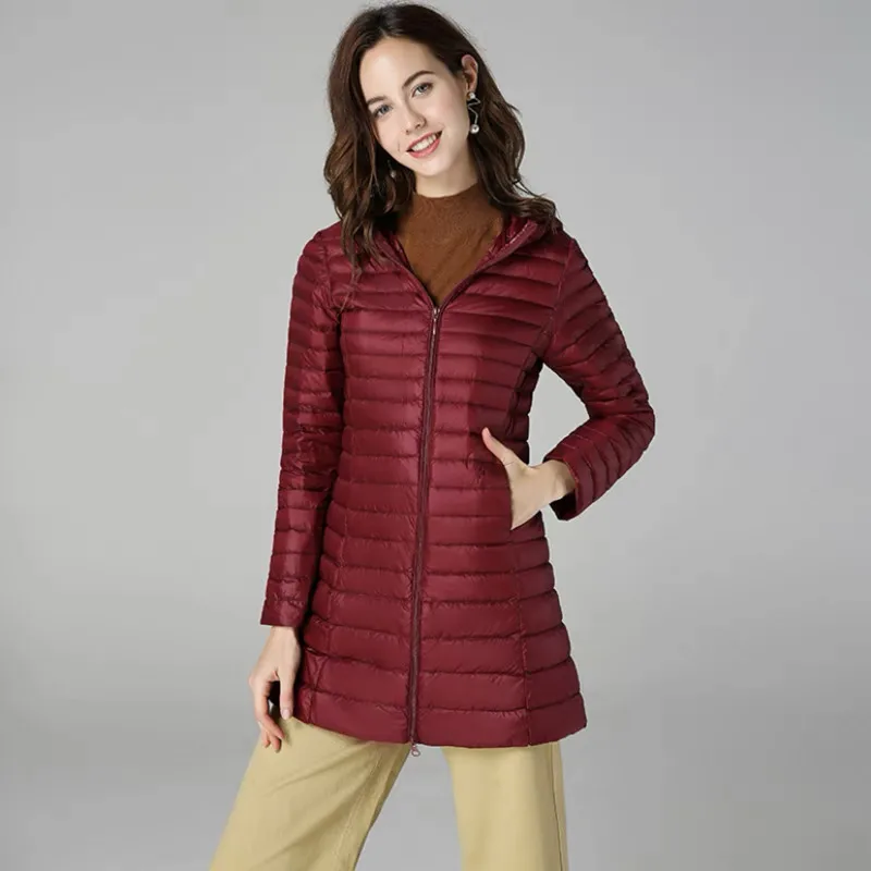 Winter Jackets Womens White Duck Down Jackets Long Ultra Light Thin Casual Coat Puffer Jacket Slim Hooded Parka Female Portable
