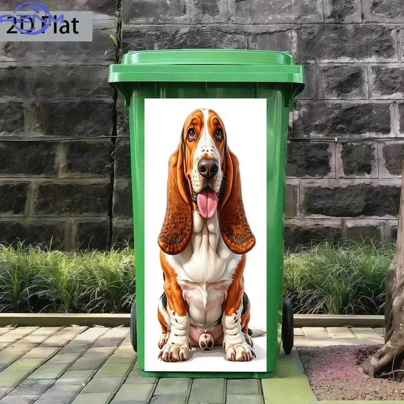 of Trash Can Sticker in a Cute Basset Hound Theme, Measuring × Cm. This Self-Adhesive Wall Decoration Is Suitable for Tras