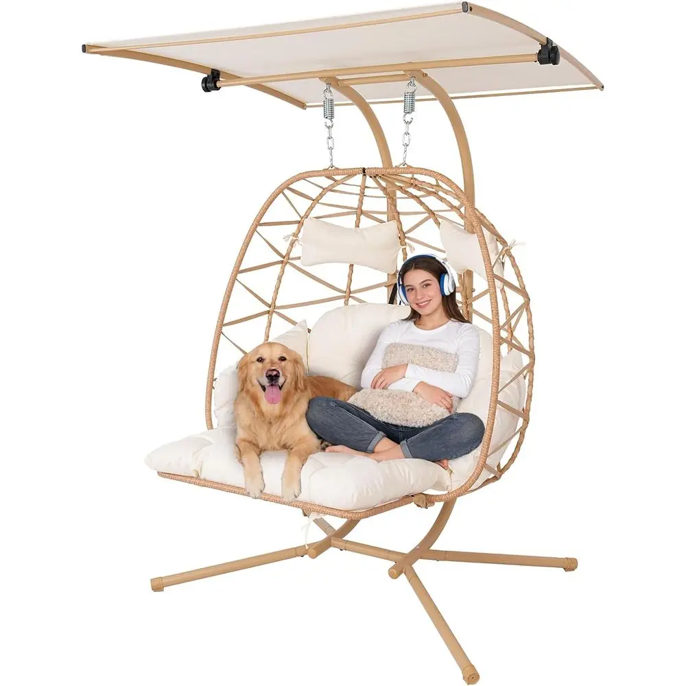 

Double Hanging Egg Chair with ootrest and 2 Person Rattan Hammock Swing Chair 700 LBS acity or Bedroom, Balcony, Patio, Garden,