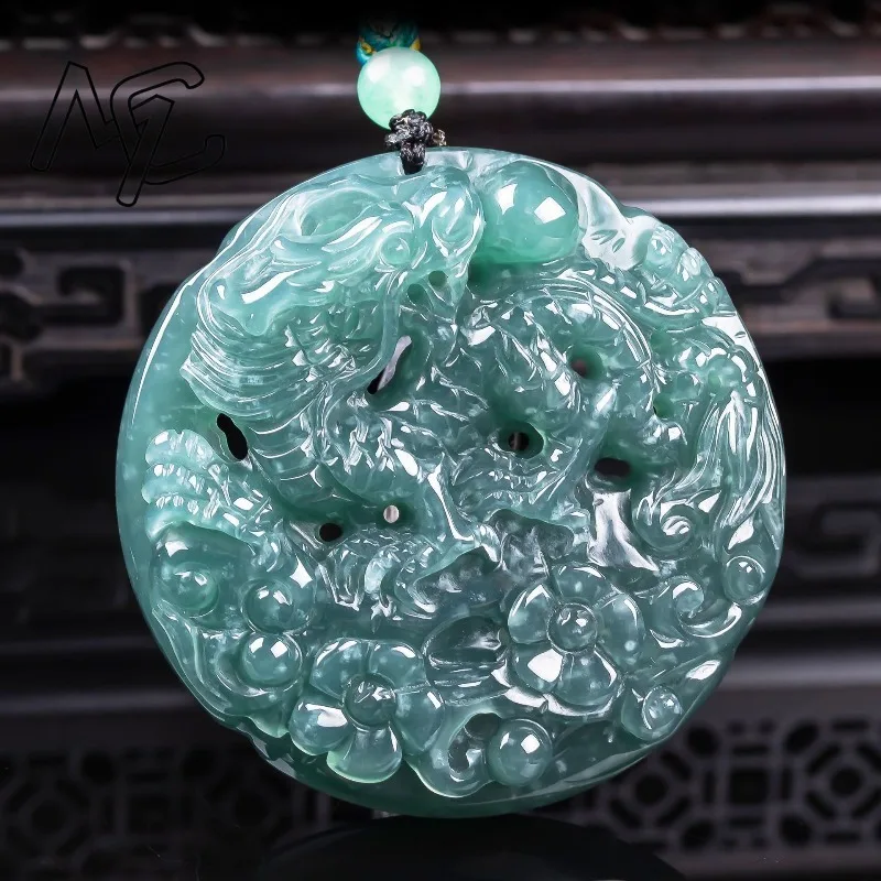 New Natural Jadeite Blue Water Auspicious Dragon Pendant Necklace Carved Charm Jadeite Jewelry Fashion Amulet Gifts Certificate