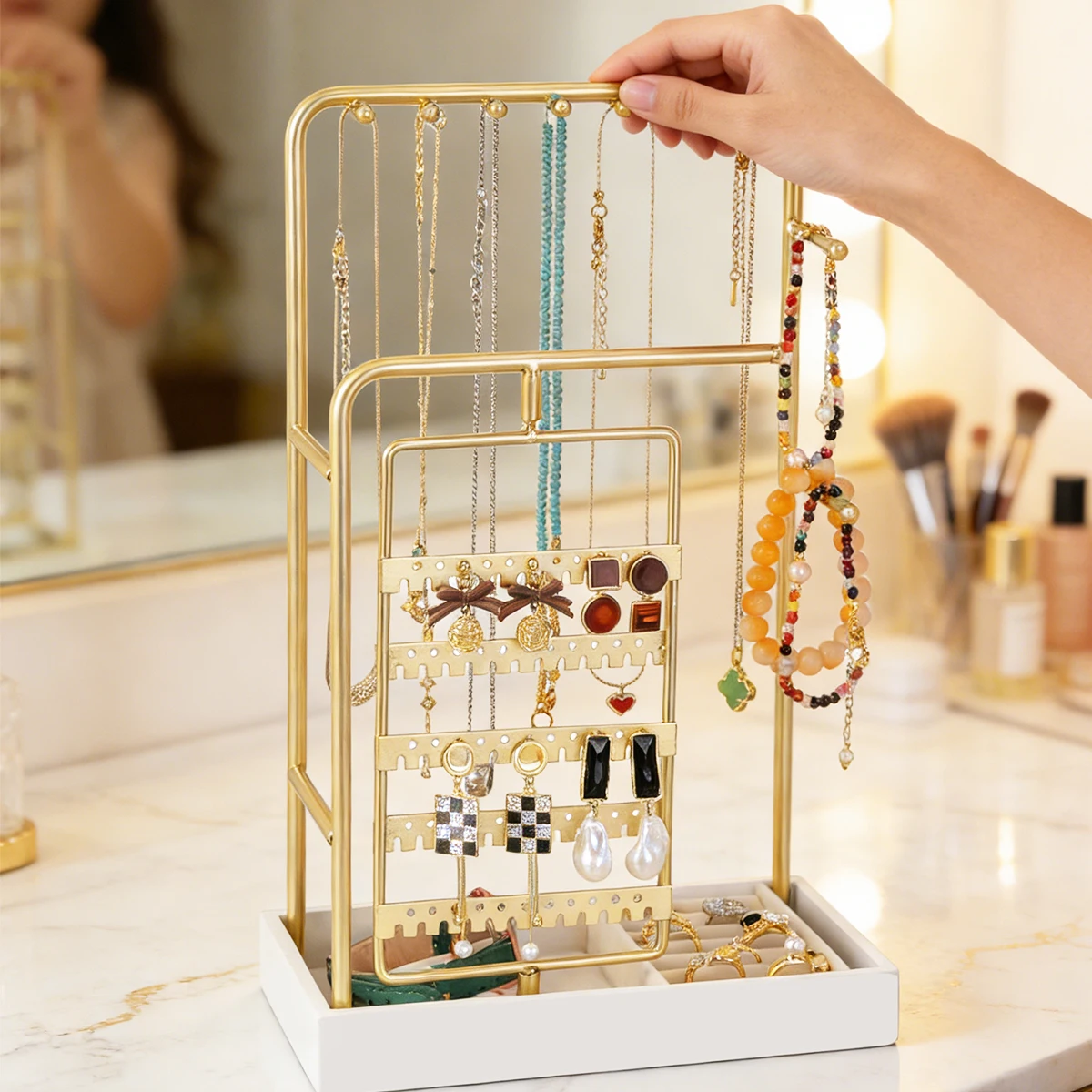 Platinum Colored Iron Art Multi-Functional Jewelry Display Stand Necklace Storage Rack Cross-Border Bestseller Rotatable Doub...