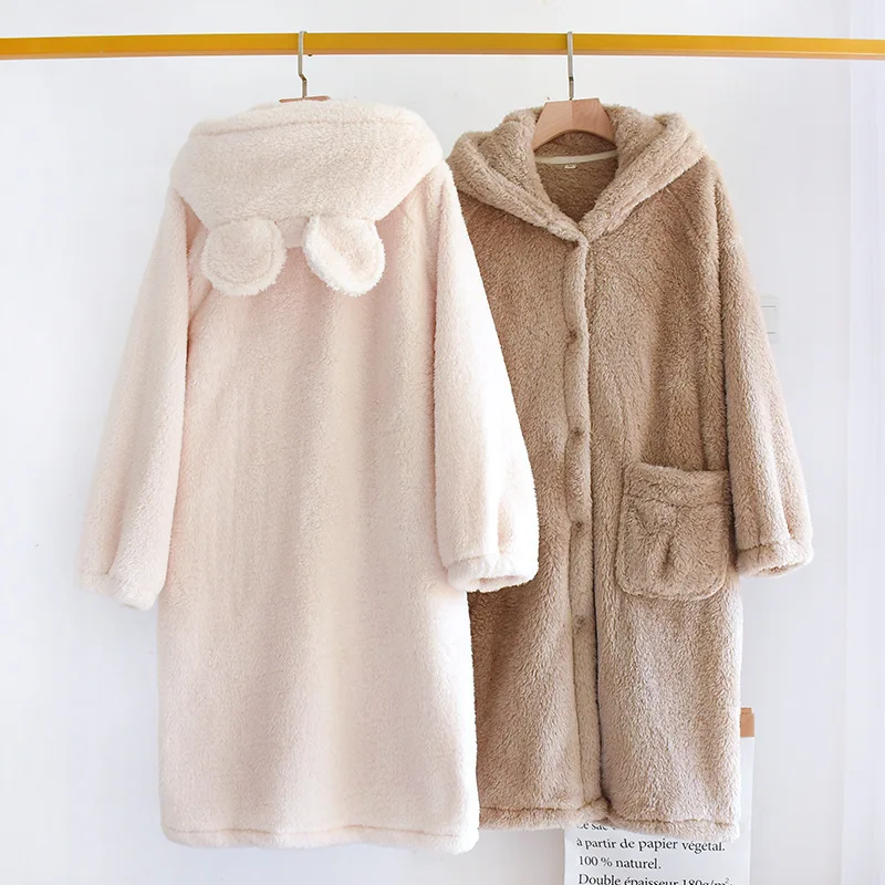 

Autumn Winter Flannel Female Robe Hooded Nightgown Sleepwear Thickened Coral Fleece Lounge Wear Nightdress Loose Home Clothes