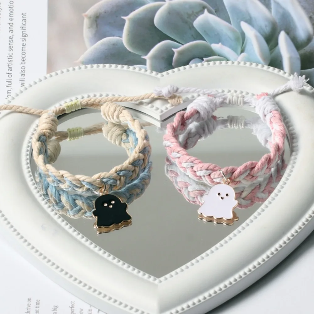 Halloween Ghost Rope Bracelet Black White Ghost Braided Rope String Bracelet Cartoon Multicolor DIY Beaded Rope Matching