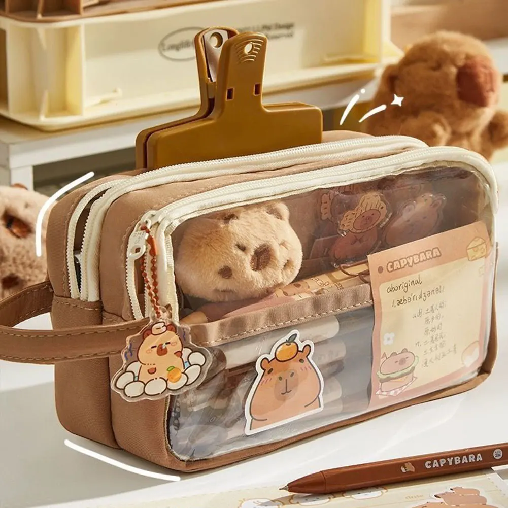 Capybara Kawaii – trousse à crayons avec compartiments, sac de papeterie transparent avec pendentif autocollant pour bureau, collège et école