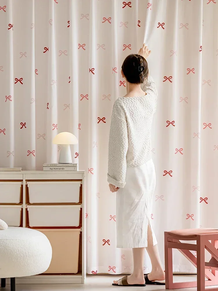 High Grade Pink Bow Screen Chiffon Princess Girl Children's Room Curtains For Living Room Bedroom French Window Balcony Window