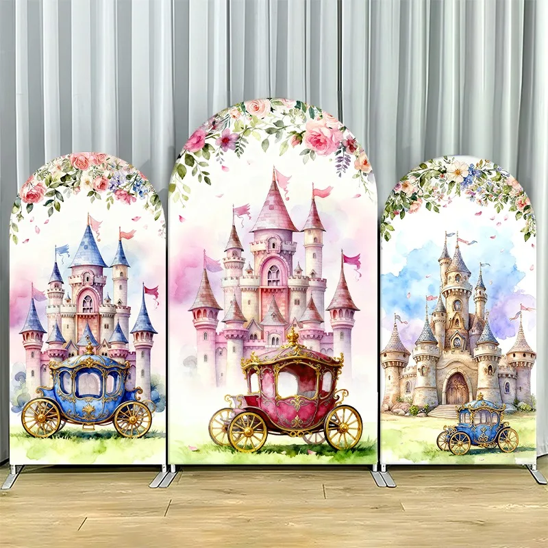 

Arch Backdrop Cover Single Side Fairy Tale Castle Carriage Watercolor Weddings Party Decoration Photo Booth Background Event
