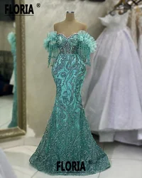 Mint Green Crystals Beaded Prom Dresses 2024 Off the Shoulder Ruffles Tassels Mermaid Evening Celebrity Party Dress Weding Gala