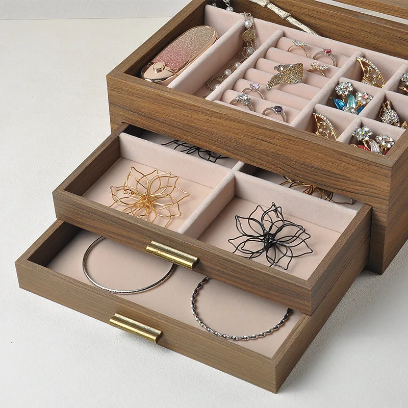 3 Drawer Walnut Grain Jewelry Display Box With Clear Window Jewelry Storage Organizer For Earrings Rings Necklaces Bracelets - view 4